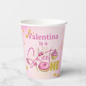 Roze Faux Goud Glitter Sweet Een 1e Verjaardag Papieren Bekers (Achterkant)