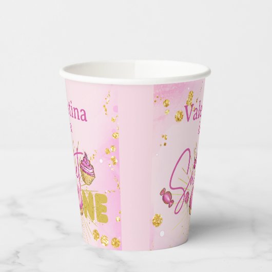 Roze Faux Goud Glitter Sweet Een 1e Verjaardag Papieren Bekers (Links)