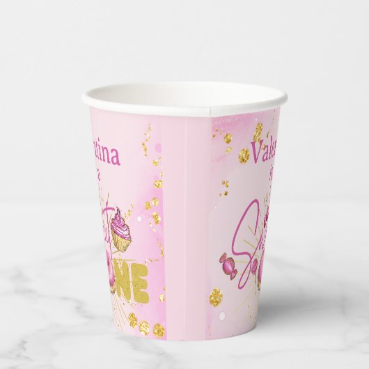 Roze Faux Goud Glitter Sweet Een 1e Verjaardag Papieren Bekers (Rechts)