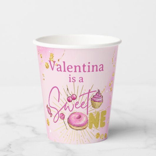 Roze Faux Goud Glitter Sweet Een 1e Verjaardag Papieren Bekers (Voorkant)