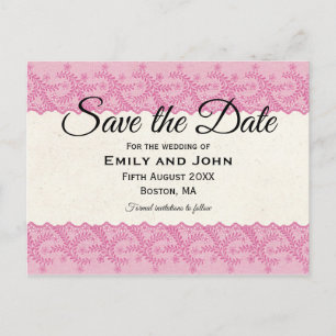 Roze faux kant/crème parchment Save the Date Aankondigingskaart