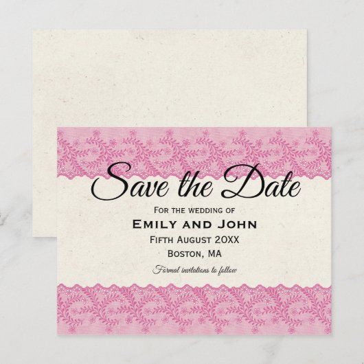 Roze Faux Kant/Crème Perkament Bewaar de datum Aankondigingskaart (Voorkant / Achterkant)
