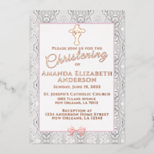 Roze faux Lace Baptism/Christening Folie Uitnodiging