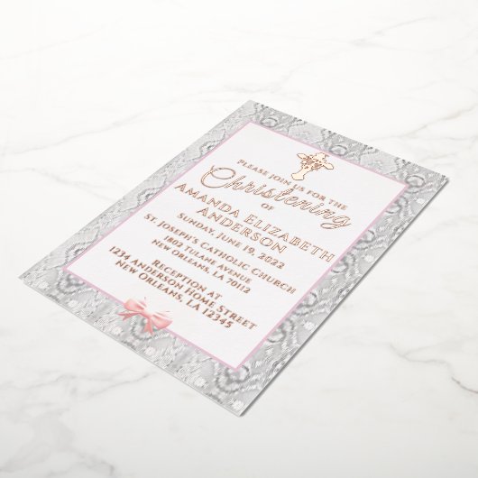 Roze faux Lace Baptism/Christening Folie Uitnodiging (Gedraaid)
