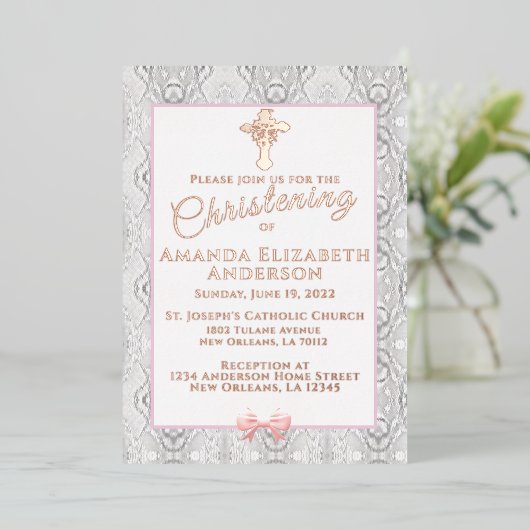 Roze faux Lace Baptism/Christening Folie Uitnodiging (Staand Voorkant)