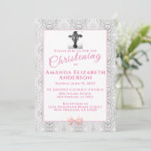Roze Faux Lace Baptism/Christening Uitnodiging (Staand voorkant)