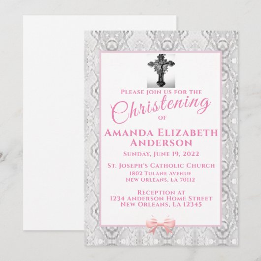 Roze Faux Lace Baptism/Christening Uitnodiging (Voorkant / Achterkant)