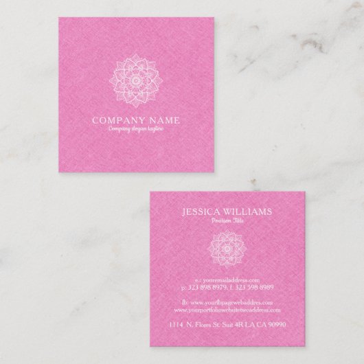 Roze Faux Linnen & Witte Mandala Vierkante Visitekaartje (Voorkant / Achterkant)