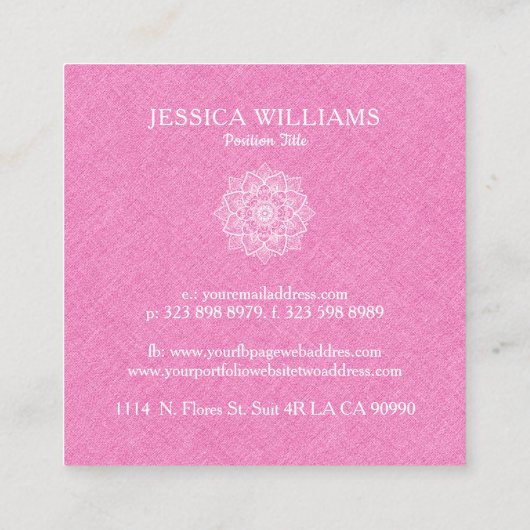 Roze Faux Linnen & Witte Mandala Vierkante Visitekaartje (Achterkant)