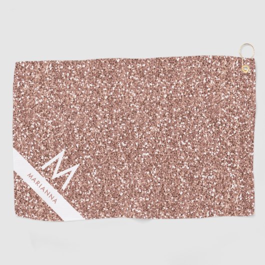 Roze Faux Roos Gold Glitter Monogram en naam Golfhanddoek (Horizontaal)