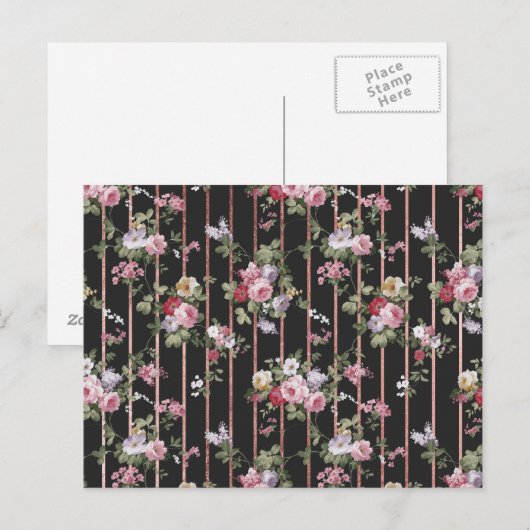 Roze faux roos goudstrepen  rozen floraal briefkaart (Voorkant / Achterkant)