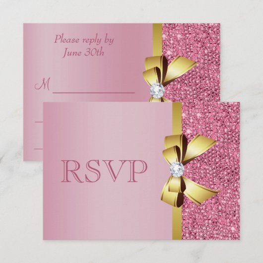 Roze Faux Sequins Gold Bow & Diamond RSVP (Voorkant / Achterkant)