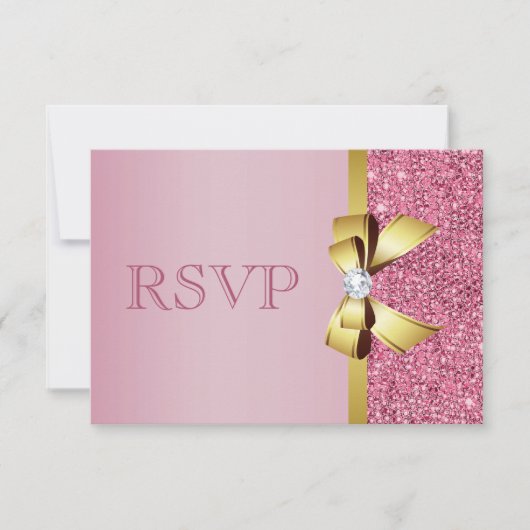 Roze Faux Sequins Gold Bow & Diamond RSVP Kaartje (Voorkant)