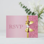 Roze Faux Sequins Gold Bow & Diamond RSVP Kaartje (Staand voorkant)