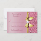 Roze Faux Sequins Gold Bow & Diamond RSVP Kaartje (Achterkant)