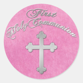 Roze, Faux Zilveren Kruis 1e Heilige Communie Stic Ronde Sticker