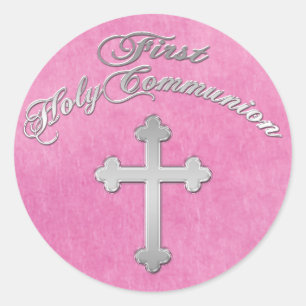 Roze, Faux Zilveren Kruis 1e Heilige Communie Stic Ronde Sticker