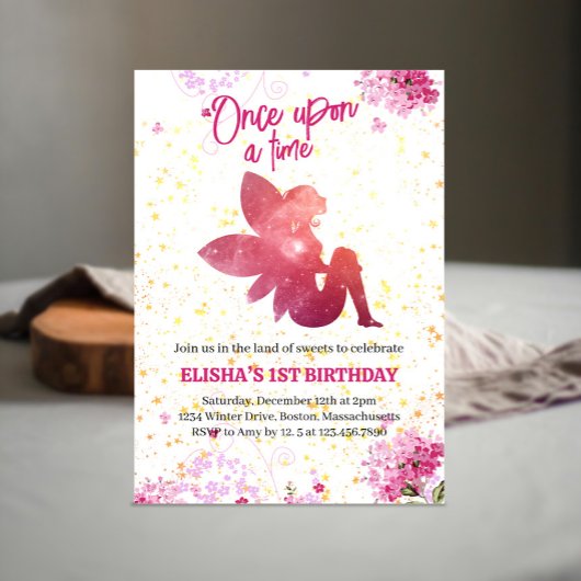 Roze Fee Bloemen 1e Verjaardag Uitnodiging