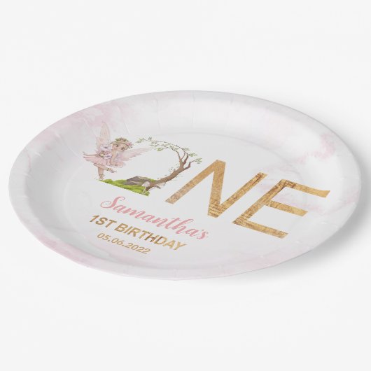 Roze Fee Bloemenbos 1e Verjaardag Papieren Bordje (Gekanteld)
