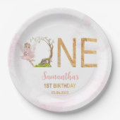 Roze Fee Bloemenbos 1e Verjaardag Papieren Bordje (Voorkant)