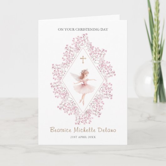 Roze fee bloemkruis op je doopdag kaart (Voorkant)