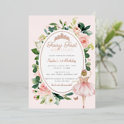 Roze Fee Eerste 1e Verjaardag Rose Goud Folie Uitnodiging (Staand Voorkant)