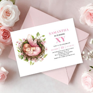 Roze Fee Meisje 7e Verjaardag Blos Bloemen uitnodi Kaart