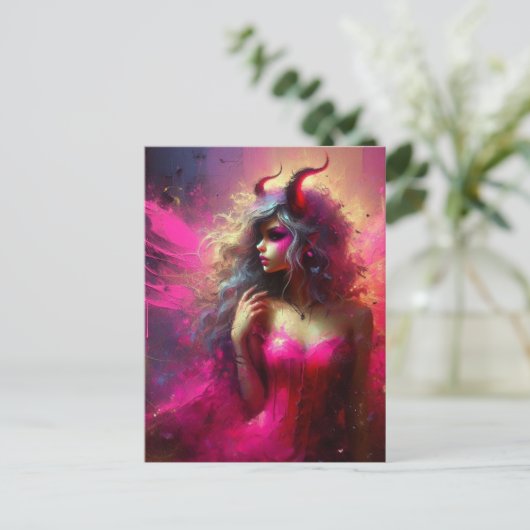 Roze fee met hoorns Fantasy Art Briefkaart (Staand voorkant)