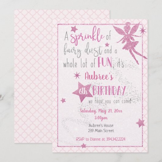 Roze Fee Verjaardag uitnodiging (Voorkant / Achterkant)