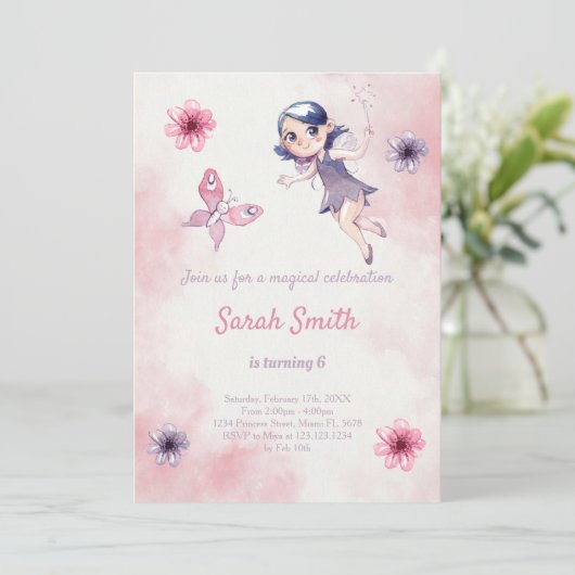 Roze Fee Verjaardag uitnodiging (Staand voorkant)