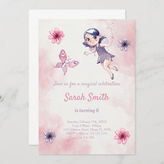 Roze Fee Verjaardag uitnodiging (Voorkant / Achterkant)