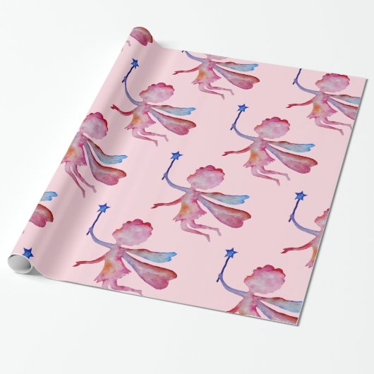 Roze Fee Watercolor Tekening Inpakpapier (Uitgerold)