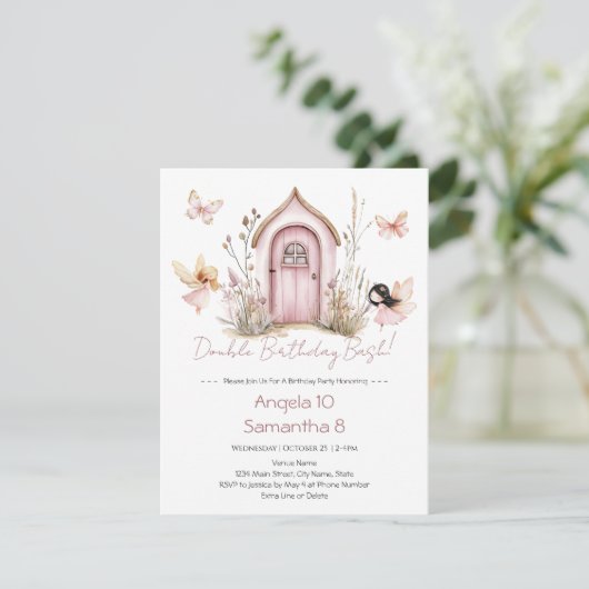 Roze Feeën Dubbele Verjaardag Bash Kinder Kaart (Staand voorkant)