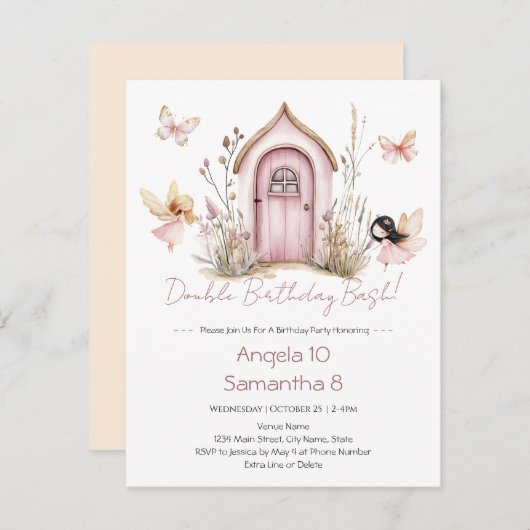 Roze Feeën Dubbele Verjaardag Bash Kinder Kaart (Voorkant / Achterkant)