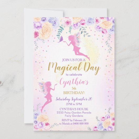 Roze Feeën Verjaardagsuitnodiging Feeën Tuin Kaart (Voorkant)