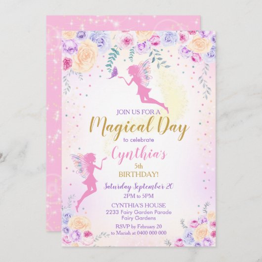 Roze Feeën Verjaardagsuitnodiging Feeëntuin Kaart (Voorkant / Achterkant)