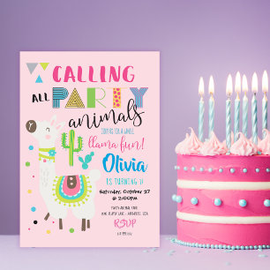Roze Feest Beest Cute Llama Verjaardagsuitnodiging Kaart