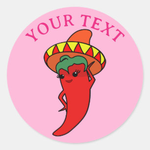 Roze feestelijke bruidsdouche met rode hete peper  ronde sticker