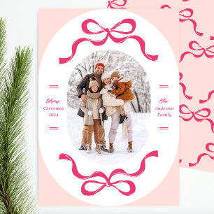 Roze Feestelijke Retro Trendy Strikken Ovale Foto Feestdagenkaart