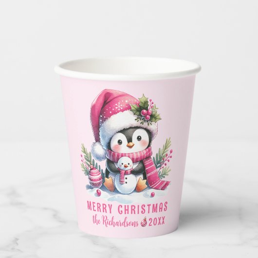 Roze Feestelijke Schattigee Pinguïn Vrolijk Kerstf Papieren Bekers (Voorkant)