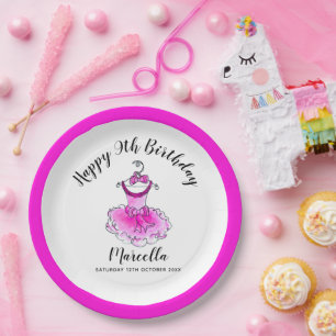 Roze feestjurk meisjes 9e verjaardag papieren bordje