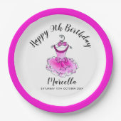 Roze feestjurk meisjes 9e verjaardag papieren bordje (Voorkant)