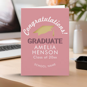 Roze felicitaties afgestudeerde afstudeerhoed kaart