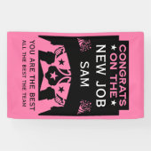 Roze felicitaties met de nieuwe baan spandoek (Horizontaal)