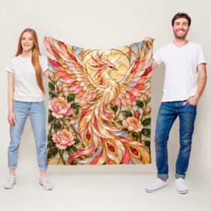 Roze Feniks met Rozen – Gebrandschilderde Bloemkun Fleece Deken