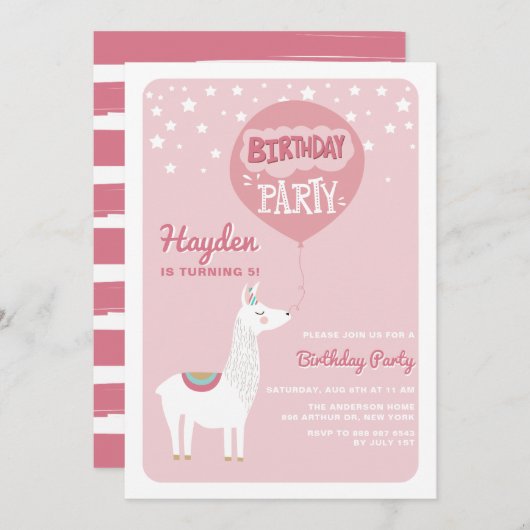Roze Festive Alpaca Kids Birthday Kaart (Voorkant / Achterkant)