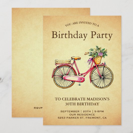 -roze fiele fiets Birthday Party Kaart (Voorkant / Achterkant)