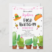 Roze Fiesta Taco Twosday Waterverf Cactus Invite Kaart (Voorkant)