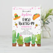 Roze Fiesta Taco Twosday Waterverf Cactus Invite Kaart (Staand voorkant)