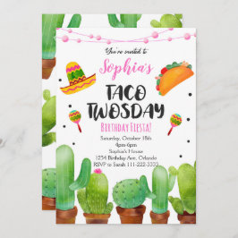 Roze Fiesta Taco Twosday Waterverf Cactus Invite Kaart